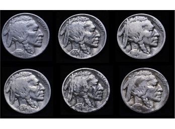 Lot Of 6   1923 1925  1928  1935-D  1936  1937  Early Buffalo Nickels    (bcbm5)