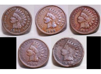 Lot Of 5  1888  Thru 1893  Indian Head Cents Pennies  Good To V Fine  (eoc7)