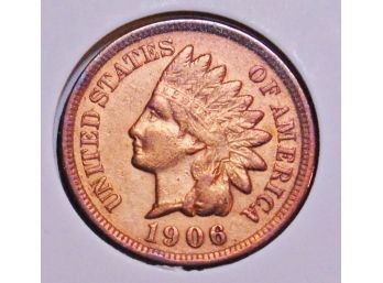 1906 Indian Head Cent / Penny  AU RED Bold Liberty / Diamonds  (LLclo4)