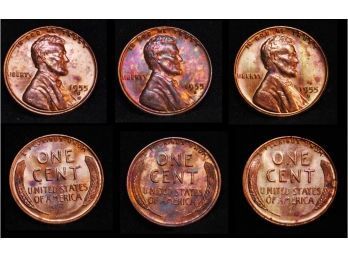 Lot Of 3 1955-S Lincoln Wheat Cents BRILLIANT UNCIRCULATED Some Natural Rainbow Toning! NICE! (gbe2)