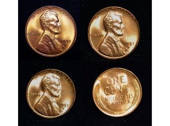 3  1951-S Lincoln Wheat Cents Pennies BU Brilliant Uncirc Superb Proof-like (qbf5)