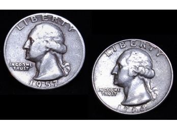 Lot Of 2 1957-D   1964 Washington Silver Quarters 90 Percent Silver (acv5)
