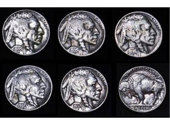 Lot Of 5 Buffalo Nickels  1935  1935  1936  1937  1937 (faf6)