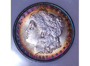 1887 Morgan Silver Dollar PCI Graded MS-65 RAINBOW TONING!! WOW (kep37)