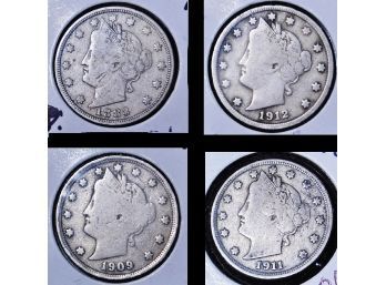 Lot Of 4 Liberty 'V' Victory Nickels VG To FINE 1883  1909  1911  1912  Full To Partial Liberty (nva29)