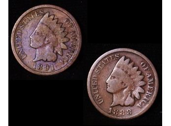 Lot Of 2 Indian Head Cents Pennies  1891 (closed 9) And 1888  (cdx49)