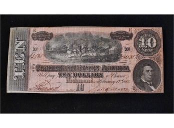 1864 CSA Confederate $10 Ten Dollar Note Large Size
