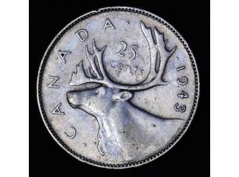 1943 Canadian 80 Percent Silver Quarter George VI / Caribou XF Plus  (zxa21)