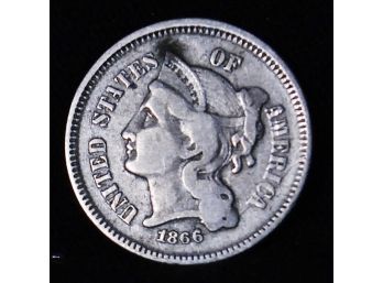 1866 Three Cent Piece / Silver Nickel / Piece XF   XF Plus  (ckz39)