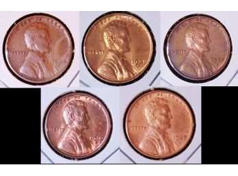 GREAT Lot Of 5 Lincoln Cents 1930-S  1933-D   1937-S   1938-S  1939-D  BU UNCIRCULATED  (ccd35)