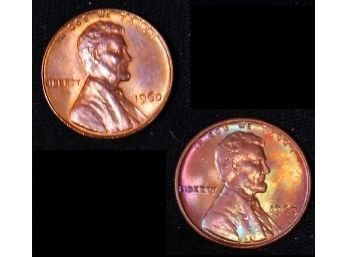 2 Lincoln Wheat Cents / Pennies 1960 Lg Date & 1960 Sm Date BU UNCIRCULATED  Rainbow Toning (sjb12)