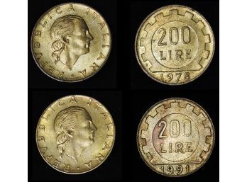 Lot Of 2  1978-R  1991  Italian 200  Lire Coins XF  (byr25)