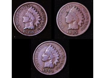Lot Of 3 Indian Head Cent Pennies 1899  1900  1901 VG  (raf51)
