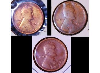GREAT Lot Of 3 EARLY Lincoln Cents 1913  1917  1918-S  1921-S  FINE  (kim79)