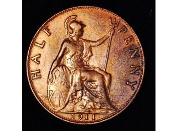 RARE 1911 Great Britain Half Penny W/ Seated Britannia AU (ywa58)