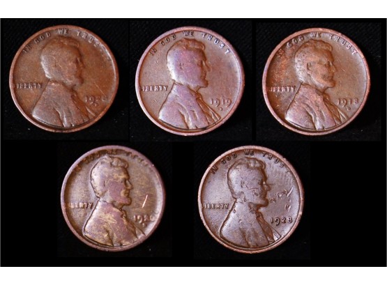 GREAT Lot Of 5 EARLY Lincoln Cents 1918-D  1919-D  1920-D  1928-D  1928  G - FINE  (xea21)