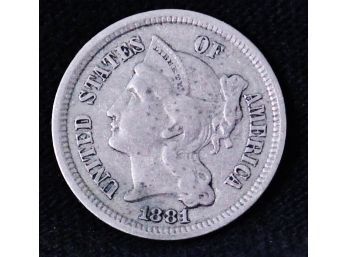 1881 Three Cent Nickel Piece 90 Silver Coin XF Super Nice FULL, SHARP COLUMN LINES! (2hf21)