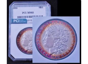1885 PCI Graded Morgan Silver Dollar MS-65 RAINBOW TONING Super Nice Coin!  (3zdu2)