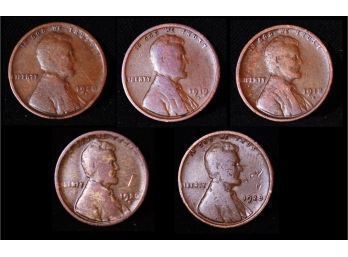 GREAT Lot Of 5 EARLY Lincoln Cents 1918-D  1919-D  1920-D  1928-D  1928  G - FINE  (xea21)