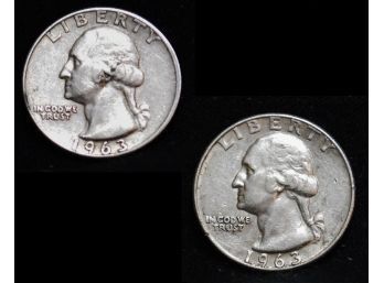 Lot Of (2) 1963-D  Silver Washington Quarters 90 Percent Silver NICE  (adb1)