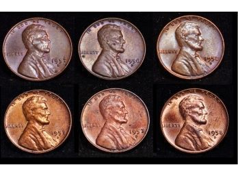 Lot Of 6 Lincoln Wheat Cents / Pennies  UNCIRCULATED  1956-D  (3)1957-D   (2)1958-D  (adk8)