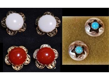 3 Pairs Of Earrings  Fashion Jewelry Clip-on & Turquoise Studs Signed MARINO