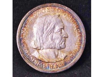 1892 Columbian Expo Commemorative Half Dollar UNCIRC BU 90 Percent Silver NATURAL RAINBOW TONING! (3axs34)