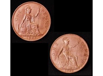 Lot Of 2 Great Britain  One Penny George V  Large Cents 1920  1947  BU Uncirculated Superb! (3nov2)