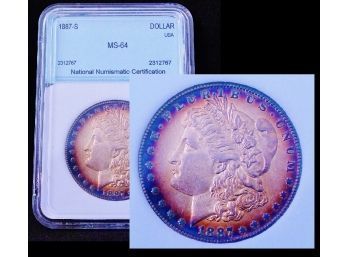 1887-S NNC Graded Morgan Silver Dollar MS-64 RAINBOW TONING! Gorgeous Coin! (4bxs3)