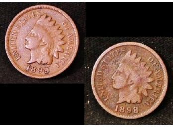 Lot Of 2 Early Indian Head Cents / Pennies 1889  1898  FINE / VERY FINE  (3hsq45)