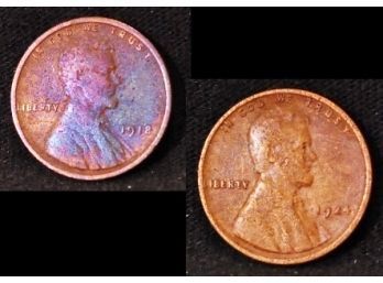 Lot Of 2 Lincoln Cents / Pennies 1918  1924  1 W/ Rainbow Toning! NICE!  (3drq21)