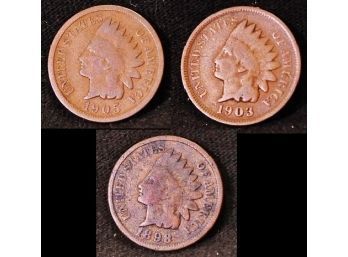 Lot Of 3 Indian Head Cents / Pennies 1898  1903  1905  VG  (1bcv7)