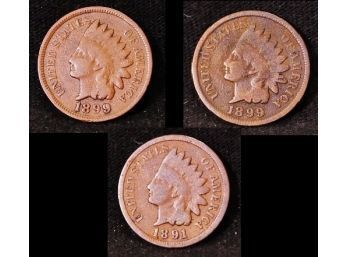 Lot Of 3 EARLY  Indian Head Cents / Pennies 1891  1896  1899 NICE!  (vew43)