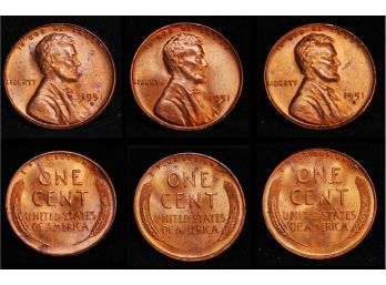 3  1951-S Lincoln Wheat Cents Pennies BU Red Brilliant Uncirc Superb Proof-like (dmv21)