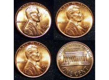 3  1960 Lincoln Cents Pennies BU Red Brilliant Uncirc Superb Proof-like (tra7)