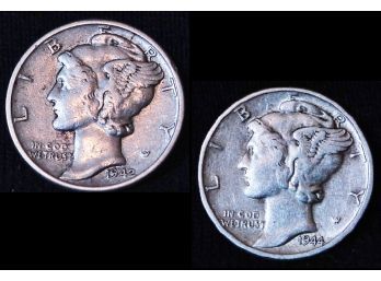 2 Mercury Silver Dimes 1942  1944  (45gto)