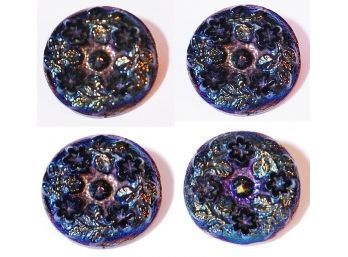 RARE Lot Of 4 Antique Vintage Carnival Glass Iridescent Buttons WREATH FLORAL Pattern