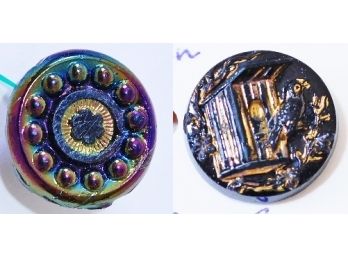 2 Antique / Vintage R. Clark Carnival Glass Buttons 'WREN' & 'FLOWER' Nice!