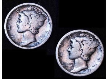 2  Mercury  Silver Dimes 1916-S  1918-D EARLY DATES! (3mpc2)