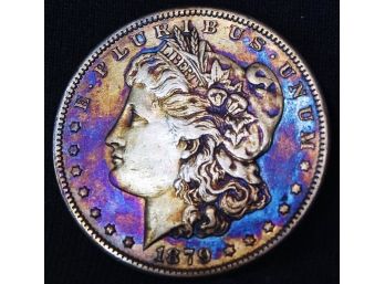 1879-S Morgan Silver Dollar AU UNCIRC Rainbow Toned Chest Feathering Super NICE! (7uom6)