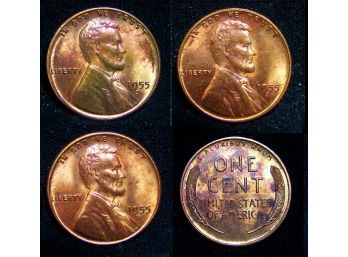 Lot Of 3 1955 S Lincoln Wheat Cents Uncirc BU Rainbow Tone  (6opg8)