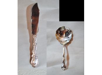 Antique GORHAM Sterling Silver Butter Spread & Slotted Spoon Ornate Handle RONDO