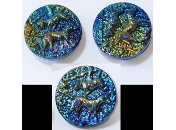 3 Antique / Vintage R. Clark Carnival Glass Buttons HUNTING DOGS Nice!