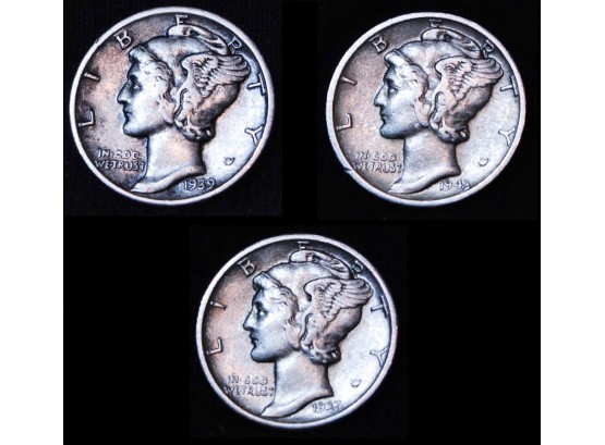 3  Mercury Silver Dimes 1939-S  1937  1943-D NICE LOT!  (3cuv9)