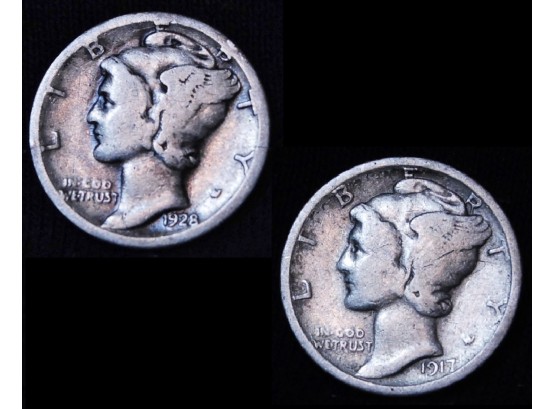 2  Mercury  Silver Dimes 1928-S  1917 EARLY DATES! (8hgg4)
