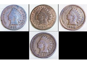 4 Indian Head Cents / Pennies 1887 To 1898 (ches7)