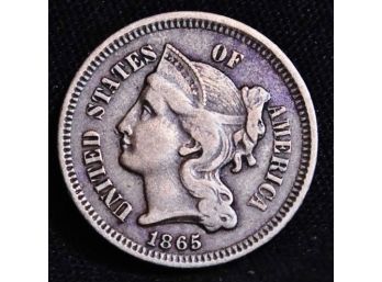 1865 Three Cent Nickel XF PLUS  Full Column Lines! FAB!!  (8pps2)