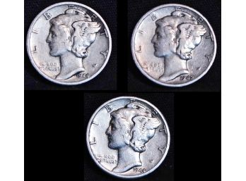 3 Mercury Silver Dimes 1942-S  1944-S  1944-D NICE!  (wav28)