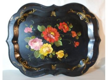 Antique Vintage Toleware Tole Hand Painted Flowers / Floral LG Metal Tray