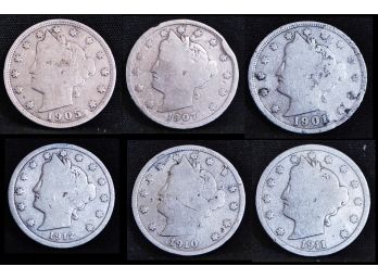 6 Liberty 'V' Nickels 1901-1912  (4zeb9)
